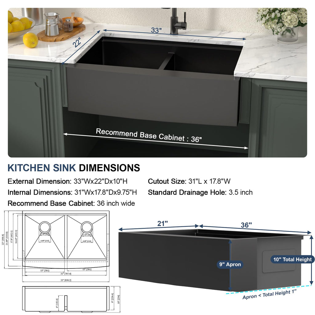 Matte Black Double Bowl Farmhouse Kitchen Sink Apront Front