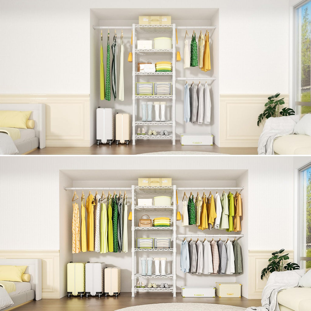 M5 Wall Mounted Clothes Garment Rack, Heavy Duty Closet Storage and Organizer with 6 Shelves and 3 Expandable Hanger