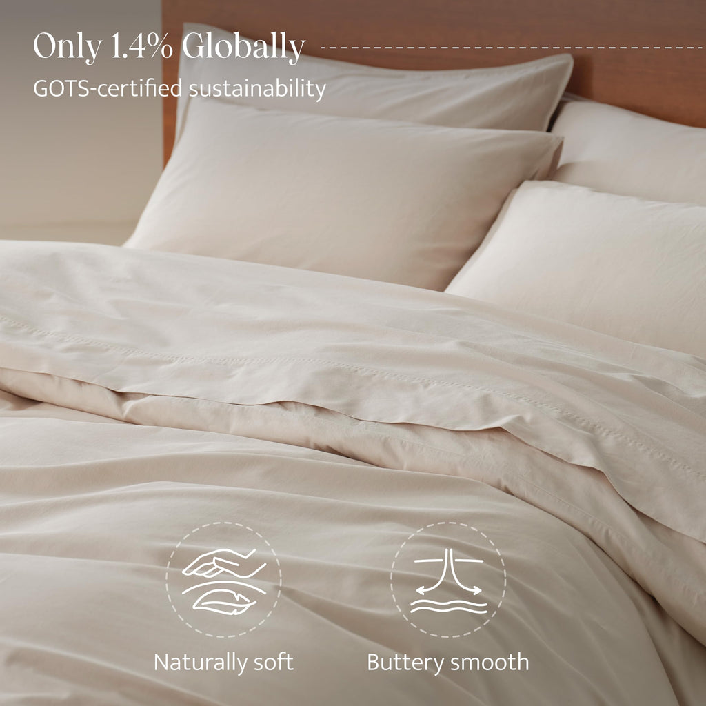 Stitch GOTS Organic Cotton Duvet Cover, Washed 300TC, Greige