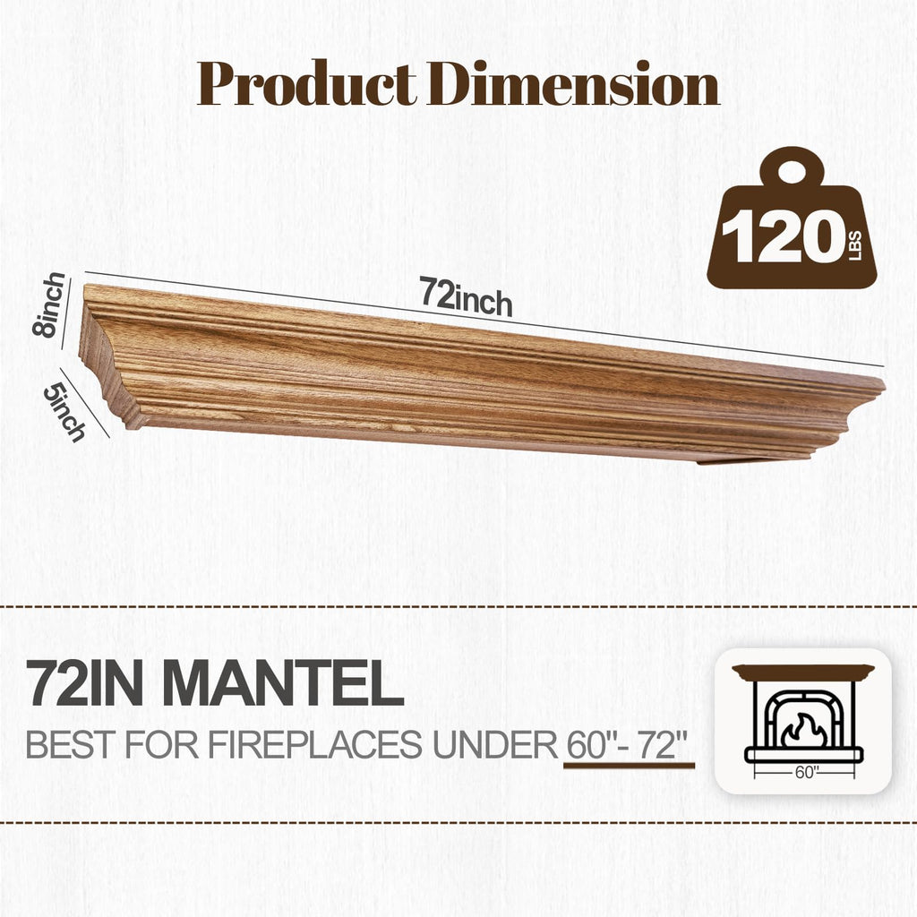 Rustic Fireplace Mantel 72", Solid Wood Floating Shelf, Oak Color
