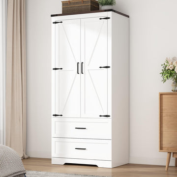 2 Doors Wardrobe Armoire Closet with Doors and Drawers, Farmhouse Wooden Armoire Storage Cabinet with Shelves &