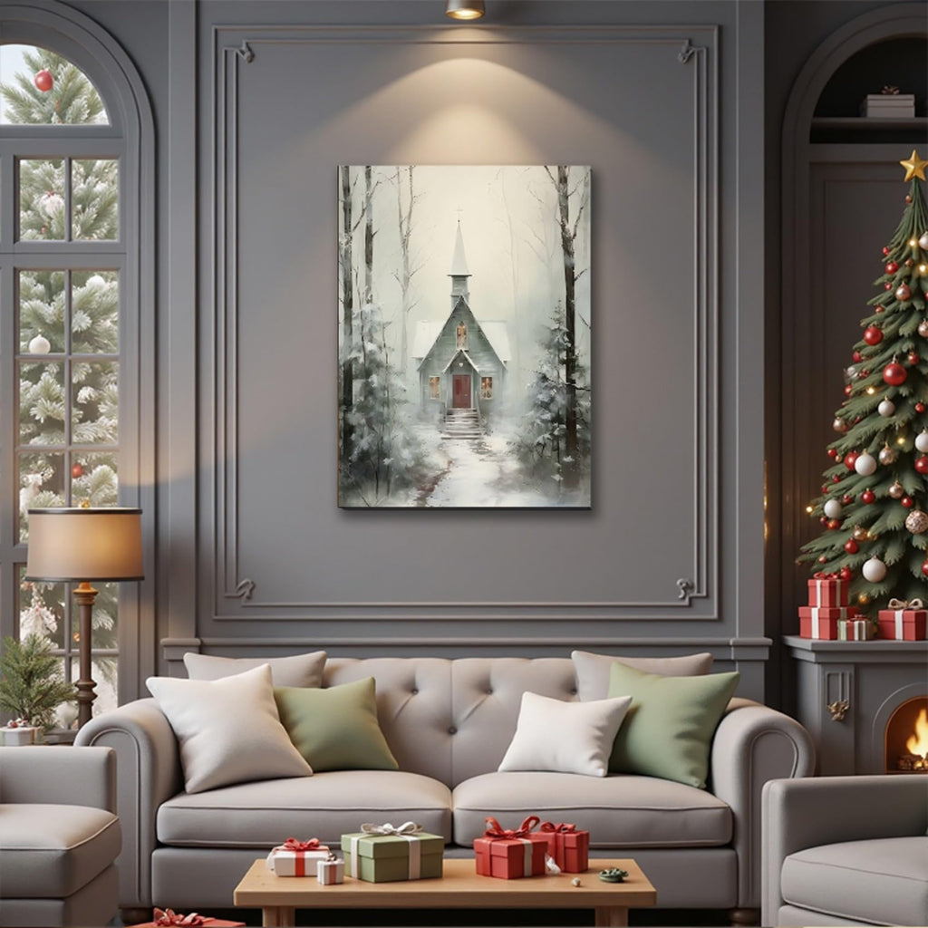 Winter Cabin Wall Art Poster Print 24x36inch, Snowy Forest Scene Art, Framed Christmas Prints - Christmas Canvas