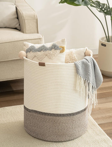 58L Cotton Rope Laundry Basket with Wooden Beads Handles, Woven Basket for Storage, Dirty Clothes, Kids Toys, Towels