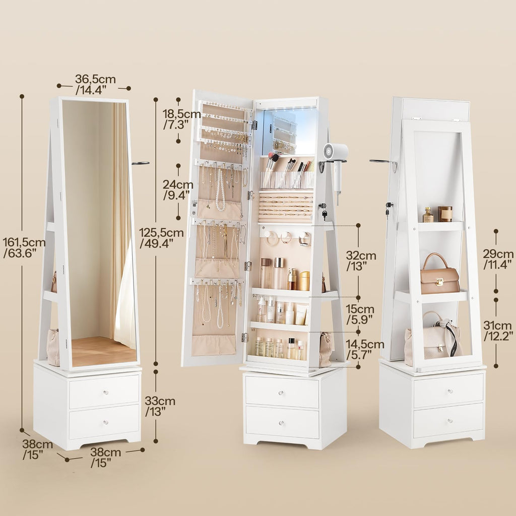 360° Swivel Jewelry Cabinet with LED Lights, Standing Jewelry Armoire with 2 Drawers, Rotatable Full-Length Mirror