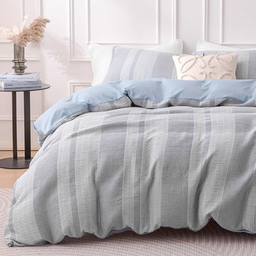 Duvet Cover Set, Luxury Jacquard Waffle Vertical Stripe Soft and Breathable 3 Pcs Comfy Bedding Set Duvet Cover