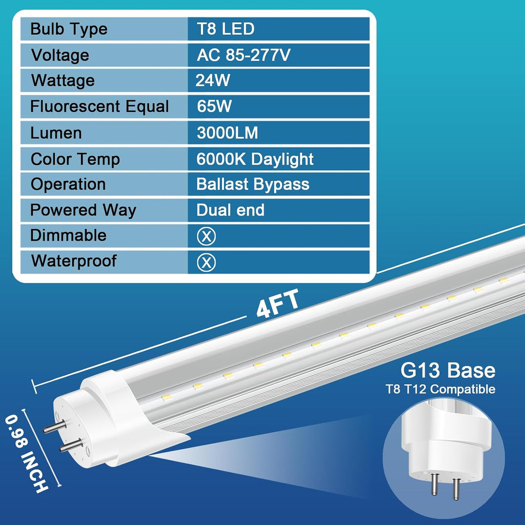 T8 LED Bulbs 4 Foot, 24W 3000LM, 6000K, Ballast Bypass