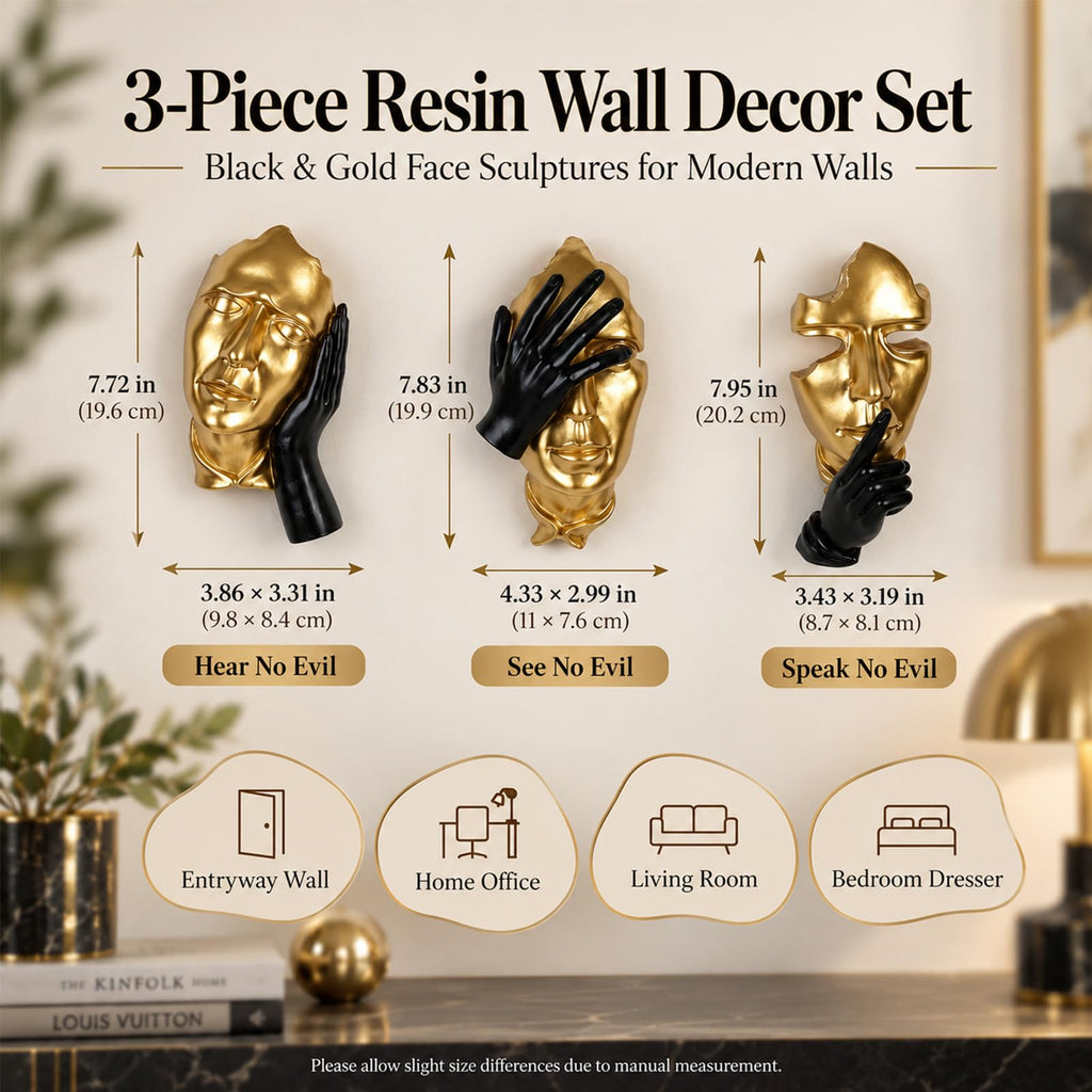 Face Wall Sculptures Set of 3, Modern 3D Abstract Wall Art, Black and Gold