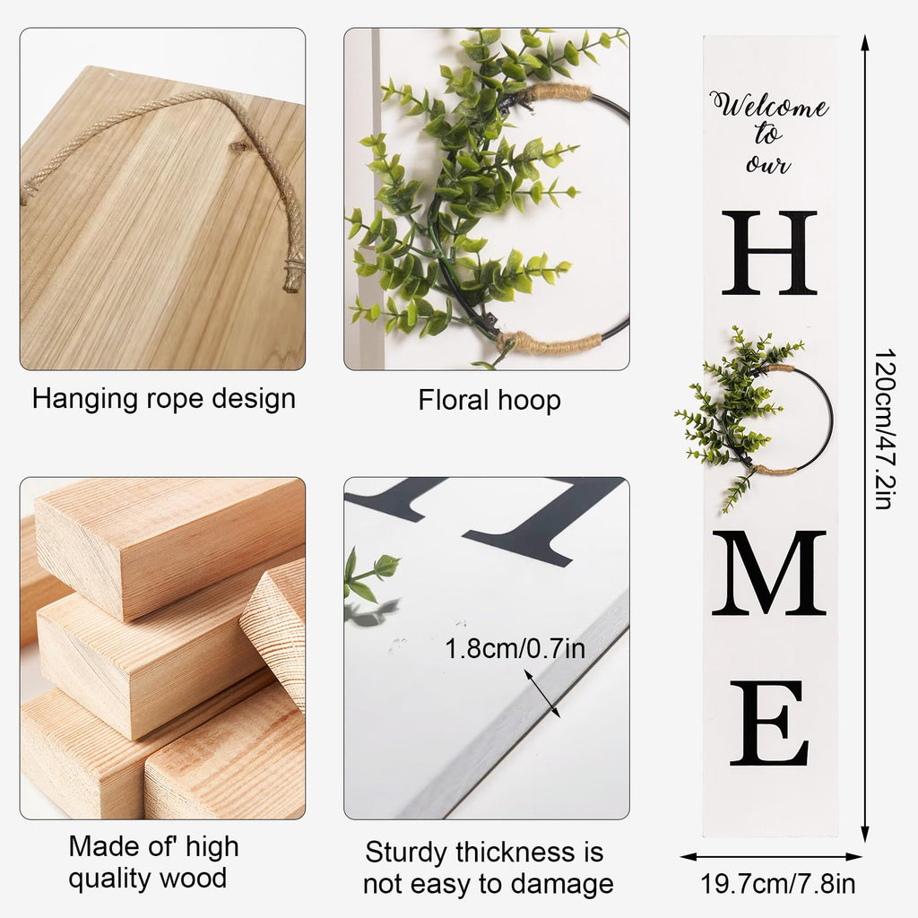 47.2" H Welcome to Our Home Sign with 3D Wreath (No Splicing), Large Wooden Welcome Sign Porch Front Door Standing