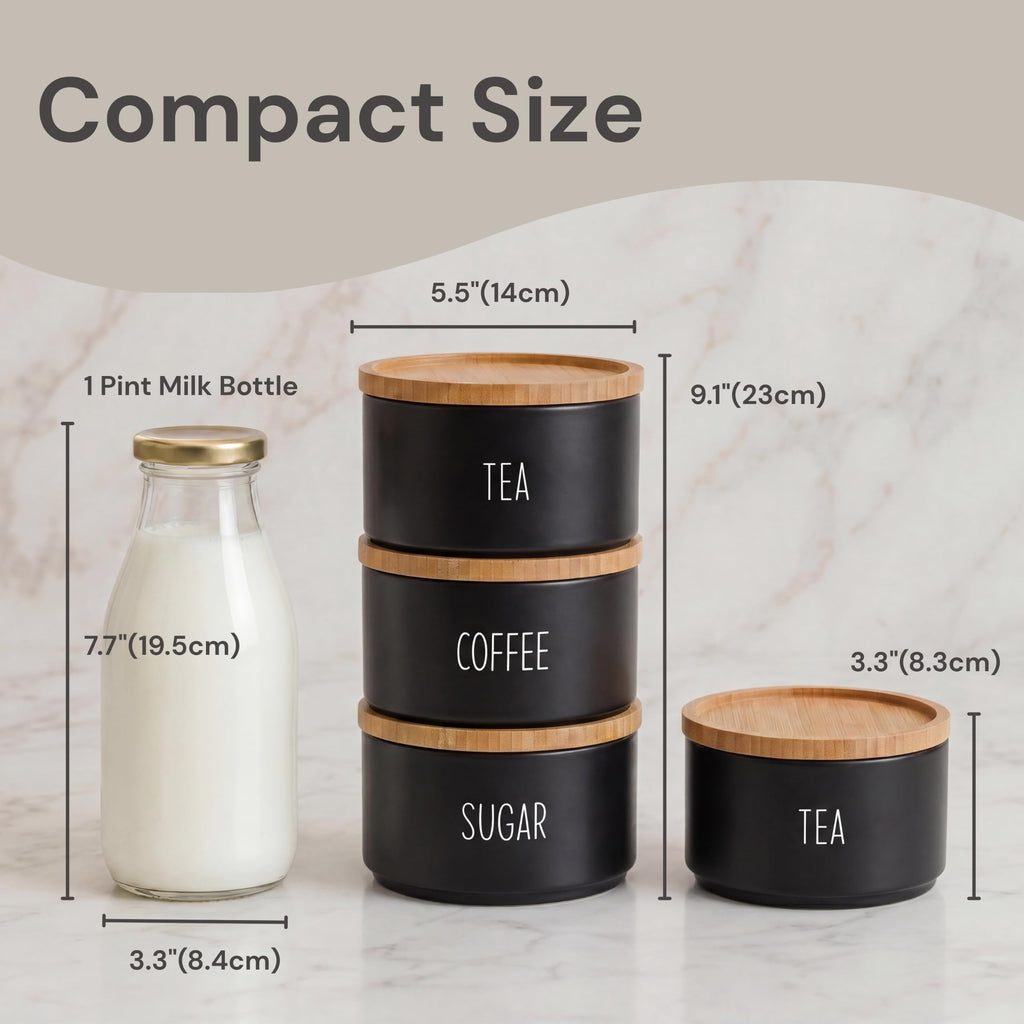 Coffee Tea Sugar Container Set, Stackable Tea Coffee Sugar Canister Set with Bamboo Lids, Airtight Kitchen Canisters