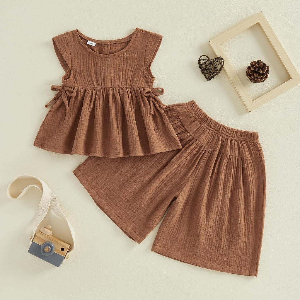 Baby Girl Summer Clothes Outfit Cotton Linen Sleeveless Ruffle Shirt and Wide Leg Pants Toddler Girls Clothes Set