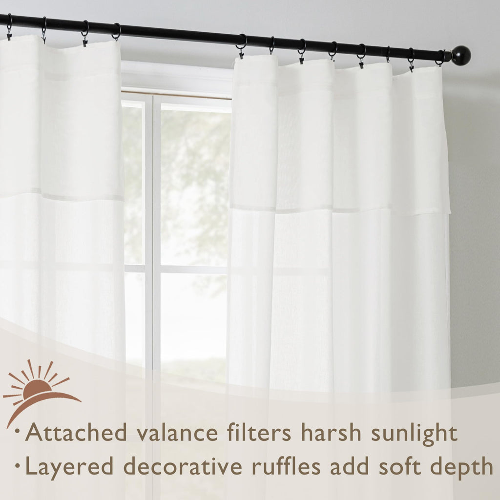 White Ruffle Linen Curtains with Valance