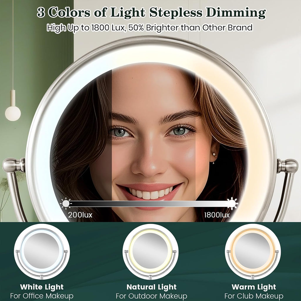 11.8" Extra Large 17" Tall Lighted Makeup Mirror, 1X/5X/10X 3-Sided Magnifying Mirror with 96 LEDs, 3 Color Dimmable