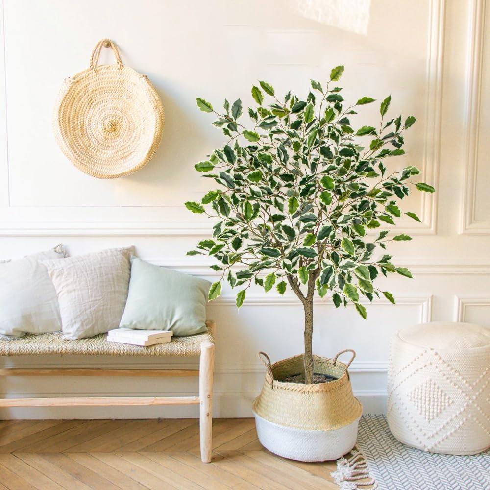 Ficus Artificial Trees for Outdoors Indoor, 4ft Big Fake Plants with Pot and Realistic Leaves, Faux Plants - Set of 2