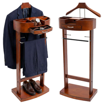 Wood Suit Rack, Freestanding Clothing Valet Stand Clothes Valet Suit Racks Mens Compact Wooden Clothing Valets Stand
