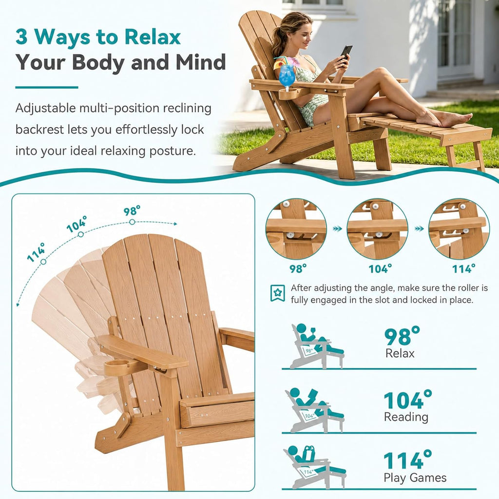 Folding Adjustable Adirondack Chair Set of 2 with Footrest, HDPE Adirondack Chair with Cup Holders & Phone Slot