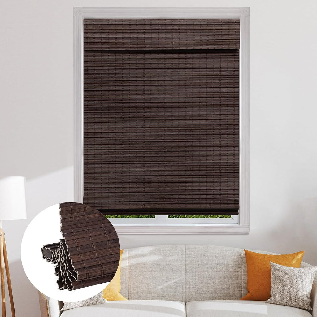 Cordless Bamboo Roman Shades, Blackout Natural Bamboo Blinds for Indoor Windows, Roll Up Blind Privacy Shade for Home