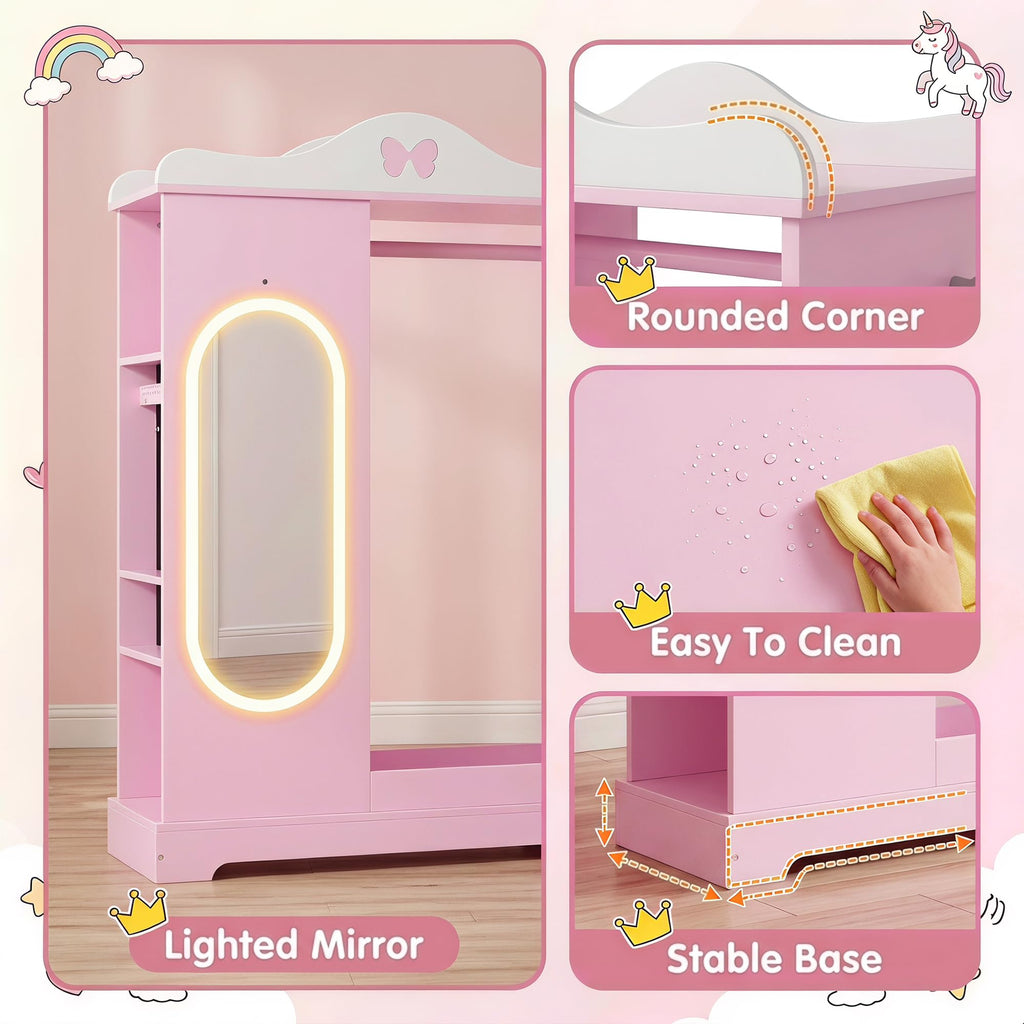 Kids Dress Up Storage with Lighted Mirror, Open Hanging Armoire, Pink