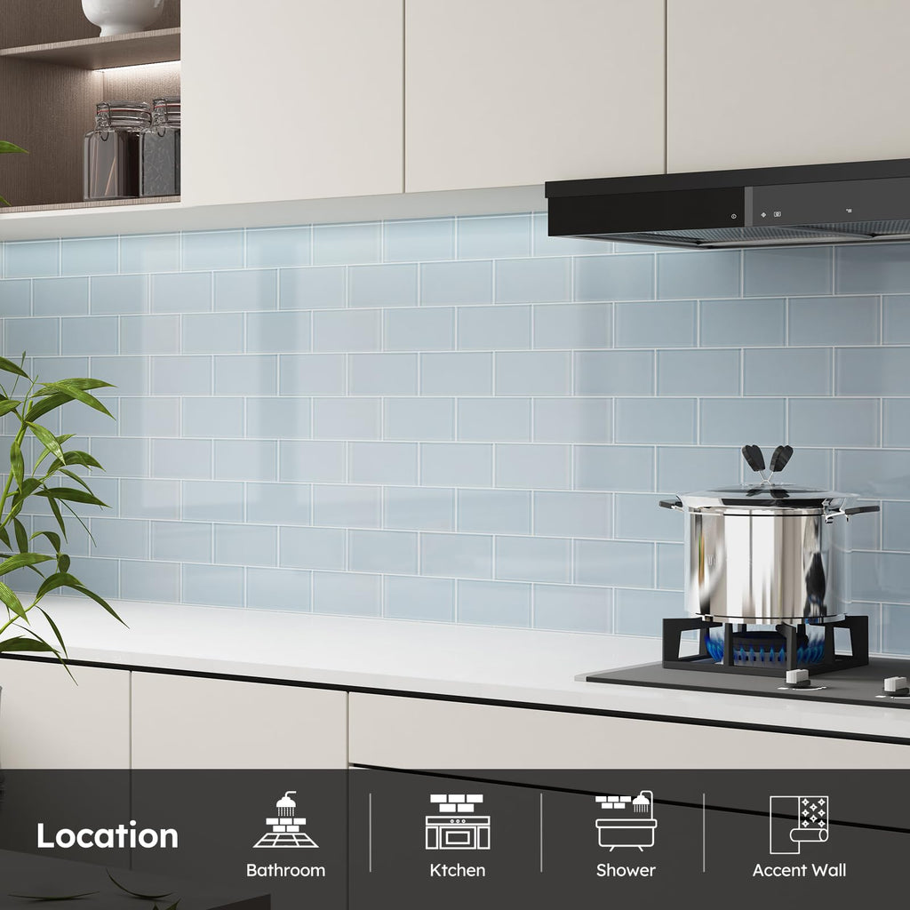 Light Blue Glass Subway Tile, 3x6 Inch, 4 Sq.Ft, Glass Backsplash Tile Shower Bathroom Wall, Pack-32 Pcs