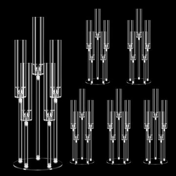 6 Set 26.8'' Tall Acrylic Candelabra Centerpieces,Clear 5 Arms Candlesticks Holder with Acrylic Shade for Candlelight