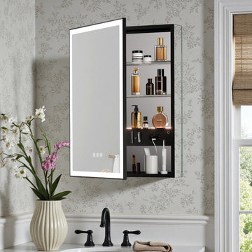24x32 Medicine Cabinet with Mirror & LED Lights, Black Frame, Anti-Fog, 3-Color Dimmable, Aluminum