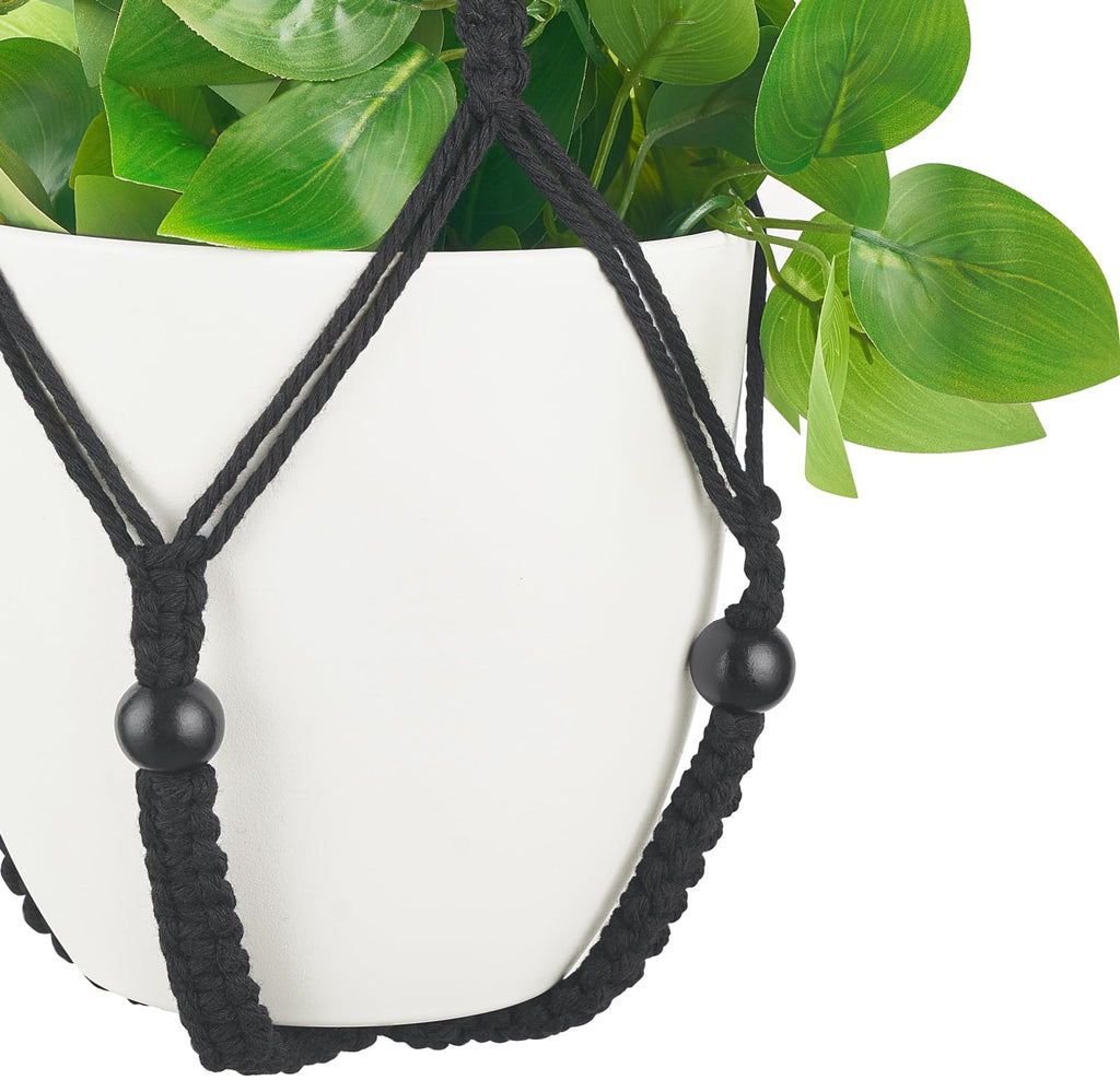 Fake Hanging Plant, Macrame Hanger with Pothos Vines & Pot, Black