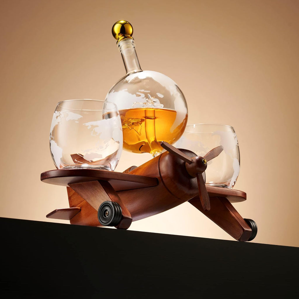 Whiskey Decanter Airplane Globe Set with 2 World Whiskey Glasses - for Liquor Scotch Bourbon Vodka - Set of 3