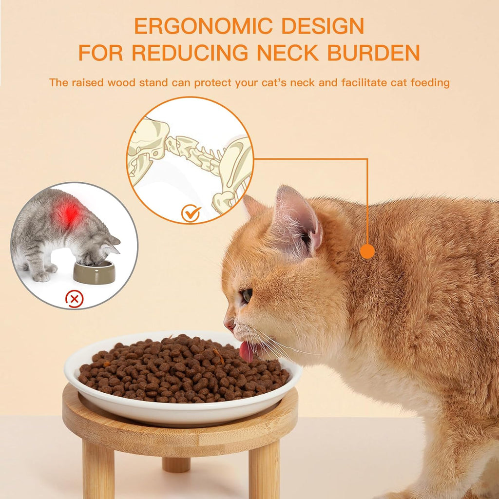 Elevated Cat Bowls Bamboo Stand, Ceramic Feeding Station for Indoor Cats