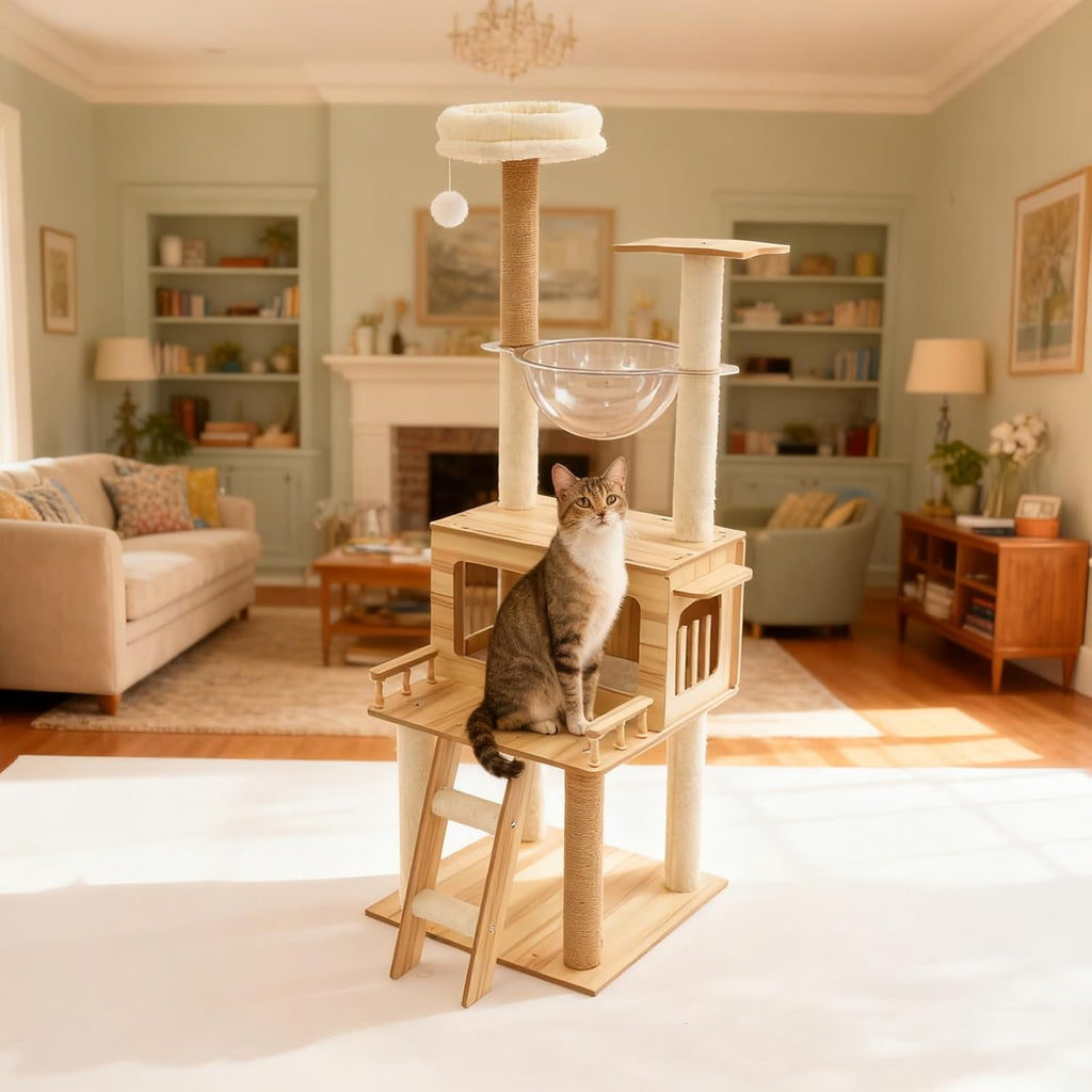 57.9in Wood Cat Tree Tower for Indoor Cat, Modern Minimalist Cat Furniture with Cat Scratching Post & Observation