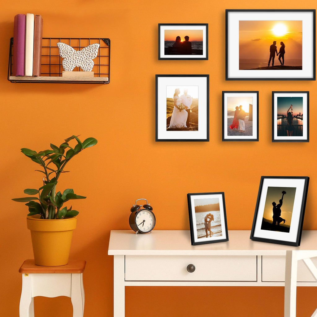 7 Pack Aluminum Picture Frame with Mat for Gallery Wall, Black | Set includes one 11x14, two 8x10, four 5x7 frames