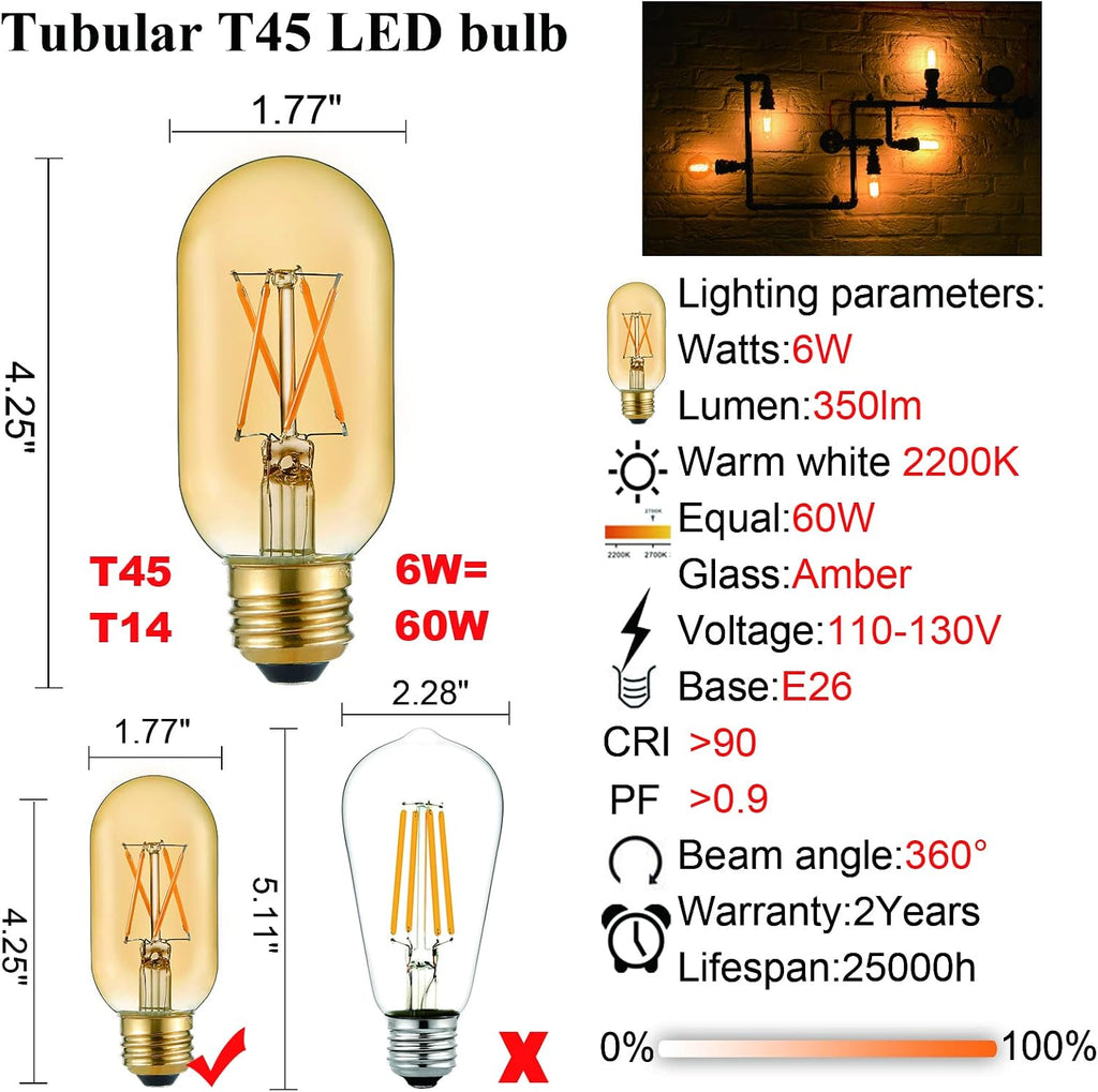 T45 E26 Led Bulb 60 watt,Dimmable,Amber Light Bulbs,2200K,6Pack