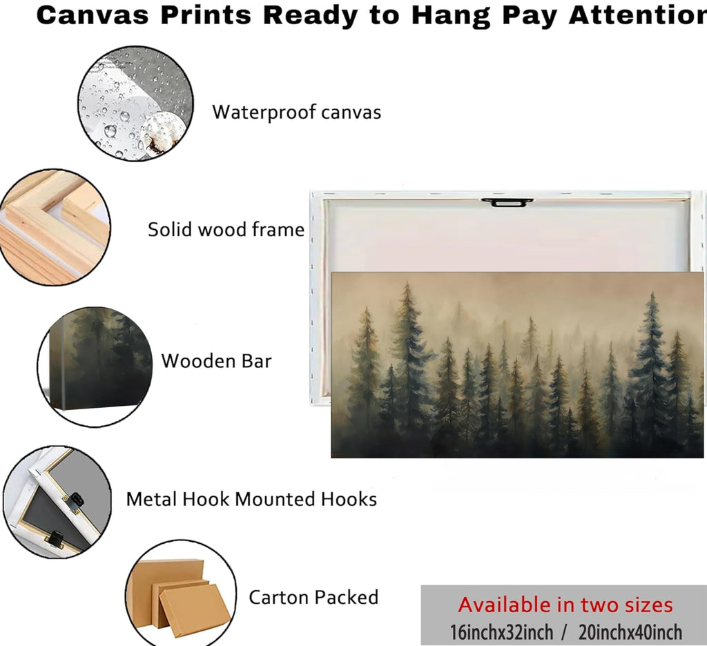 Large Misty Forest Landscape Canvas Wall Art Green Pine Tree and Foggy Mountains Scenery Picture Wall Decor Abstract