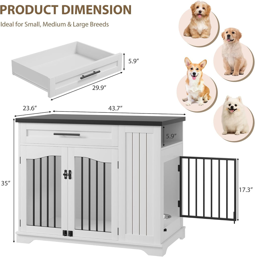 44 Inch Heavy Duty Wooden Dog Crate Furniture with Drawer & Side Storage - Indoor Dog Kennel Furniture with Double