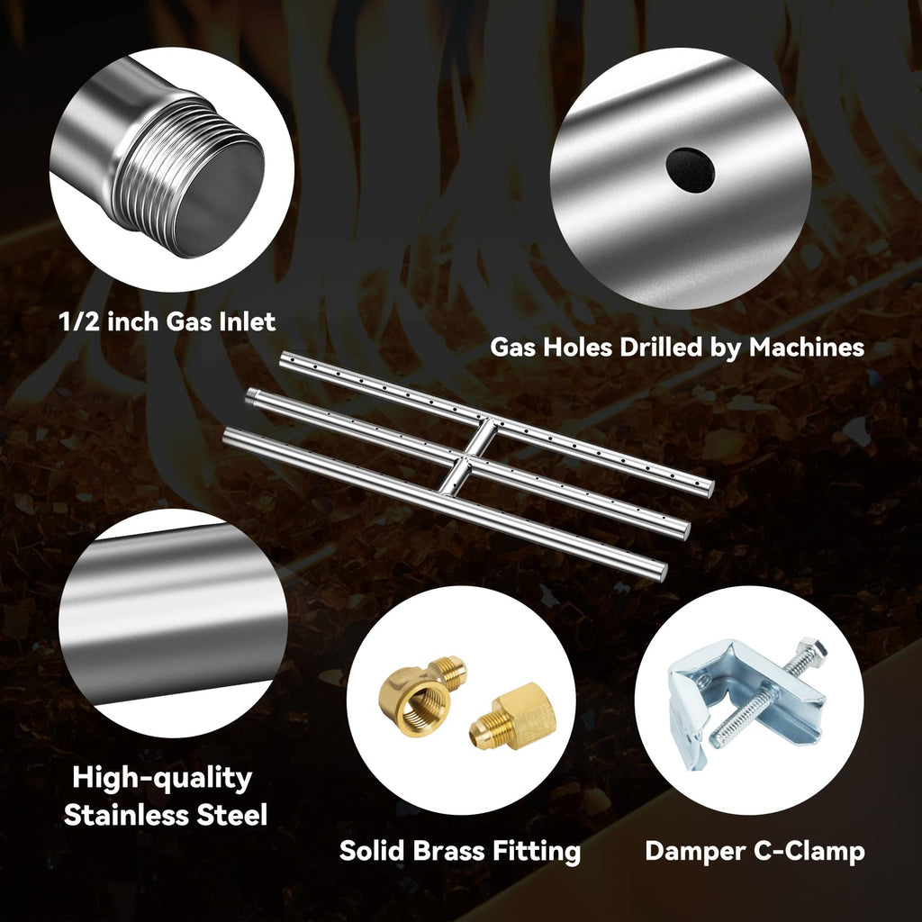18" x 6" Rectangular Gas Fire Pit H-Burner, 304 Stainless Steel