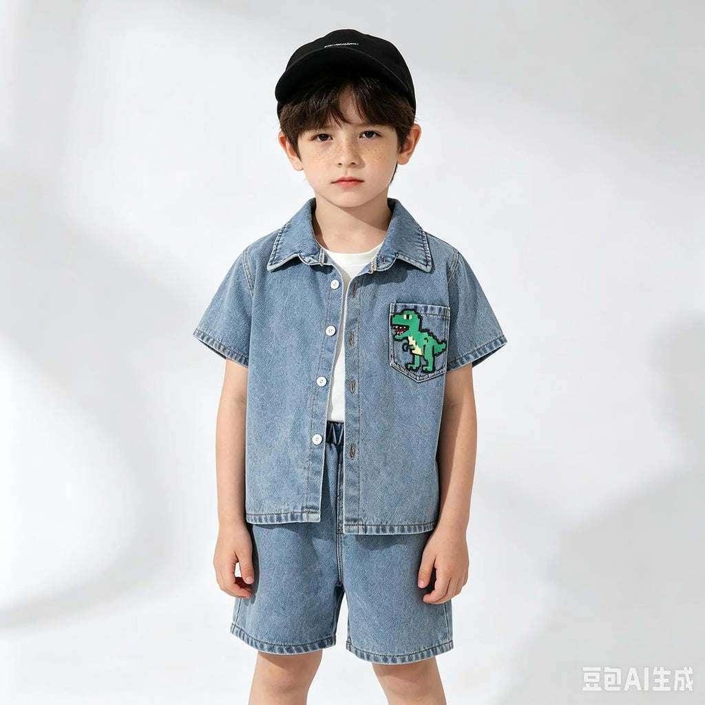Klyatpxen 2Pcs Toddler Boys Denim Outfit Short Sleeve Button Up Jean Jacket Denim Shorts Summer Spring Clothing Set