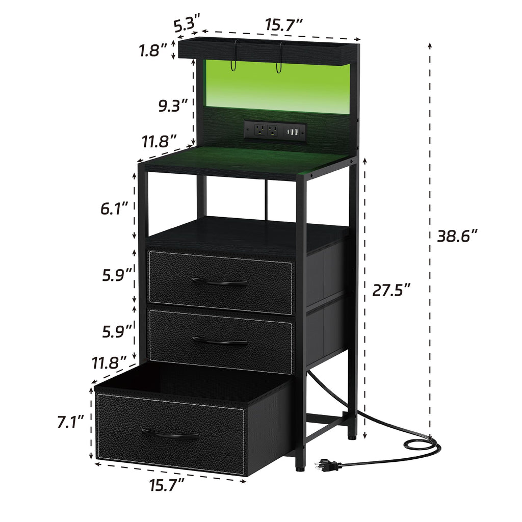 LED Nightstand with Charging Station, 3 Fabric Drawers, Black