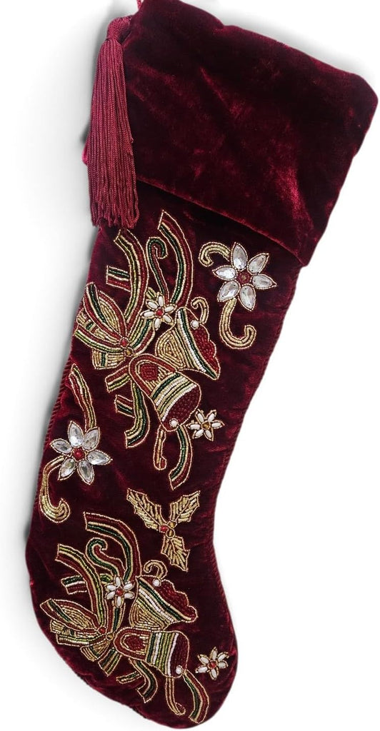 Christmas Stocking 21" x 7", Red Velvet Christmas Stocking with Gold Beaded Embroidery, Luxury Holiday Stocking with