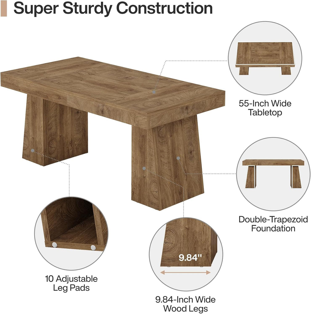 55" Executive Desk, Wooden Office Desk with Double Pedestal, Modern Simple Computer Writing Table, Light Brown