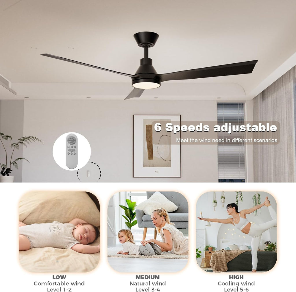 52 Inch Ceiling Fans with Lights and Remote, ETL Quiet Reversible DC Full Copper Motor, 2 Downrods, 3 CCT Dimmable, 6 Speeds Outdoor Ceiling Fans for Patios Porch Bedroom Living Room Black A101-B0DFVZYT54