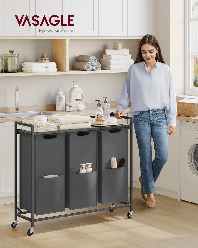 Laundry Sorter 3 Section, Rolling Cart with Shelf 43.5 Gal. (165 L)