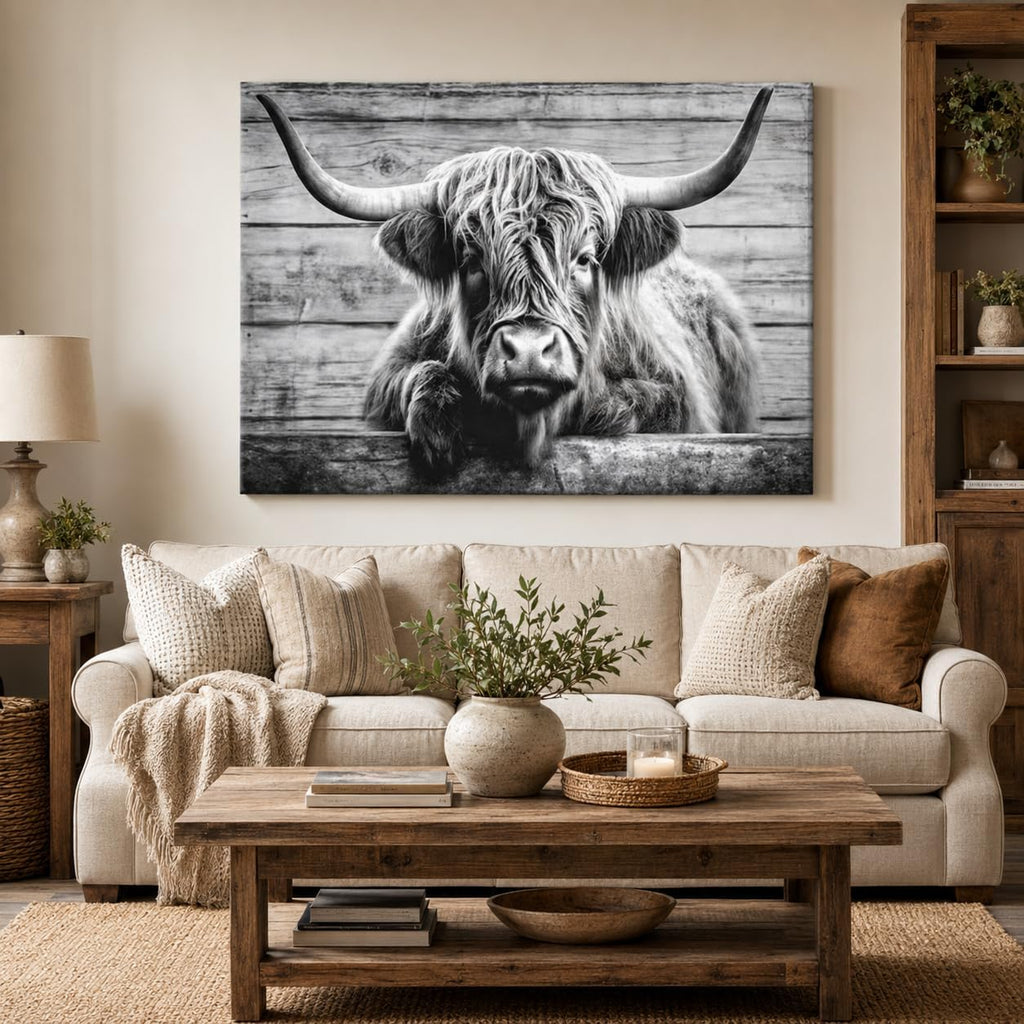 Large Highland Cow Canvas Wall Art Black and White Pasture Hairy Cow Pictures Vintage Wooden Panel Background Cow