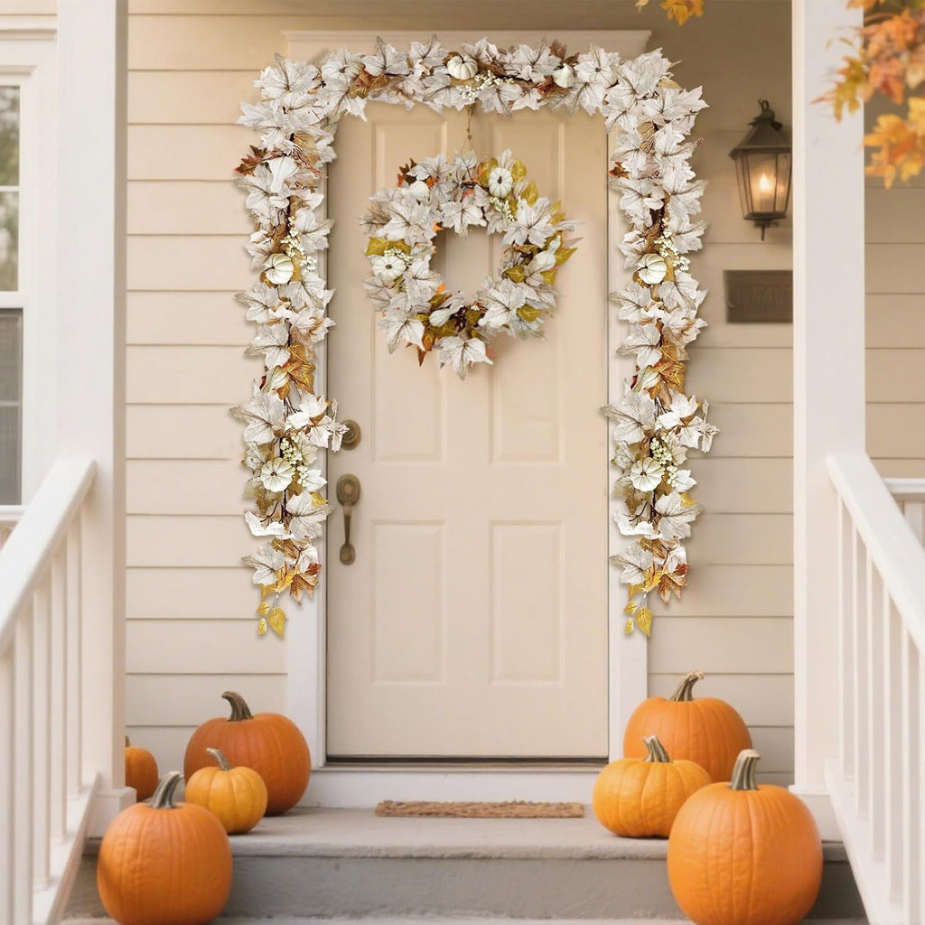 Fall Decorations 6Ft Fall Garland with Lights, Fake Pumpkin Berry Autumn Maple Leaves Garland for Mantle Halloween