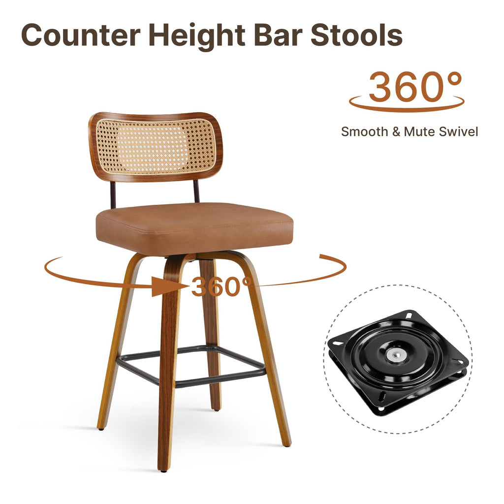 Swivel Bar Stools Set of 2, 26" Counter Height with Rattan Back, Brown