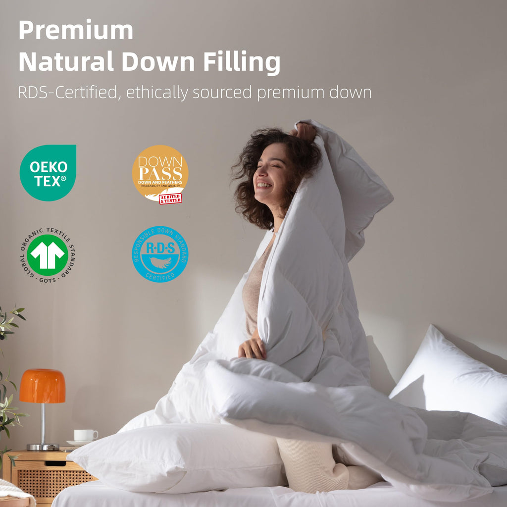 Goose Feather Down Comforter Oversized King Size, 100% Organic Cotton Duvet Insert, All-Season Luxury Duvet Insert