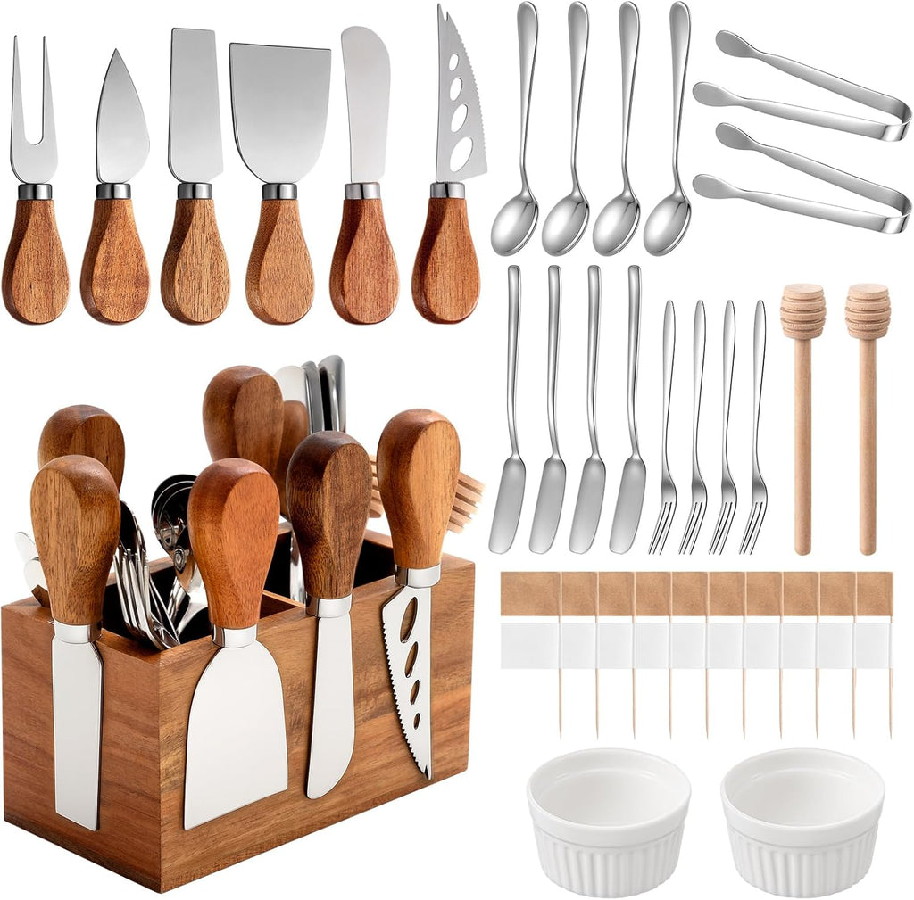 44 Pcs Charcuterie Boards Accessories with Magnetic Acacia Wood Holder Wooden Cheese Knife Set for Wood Handle Knives
