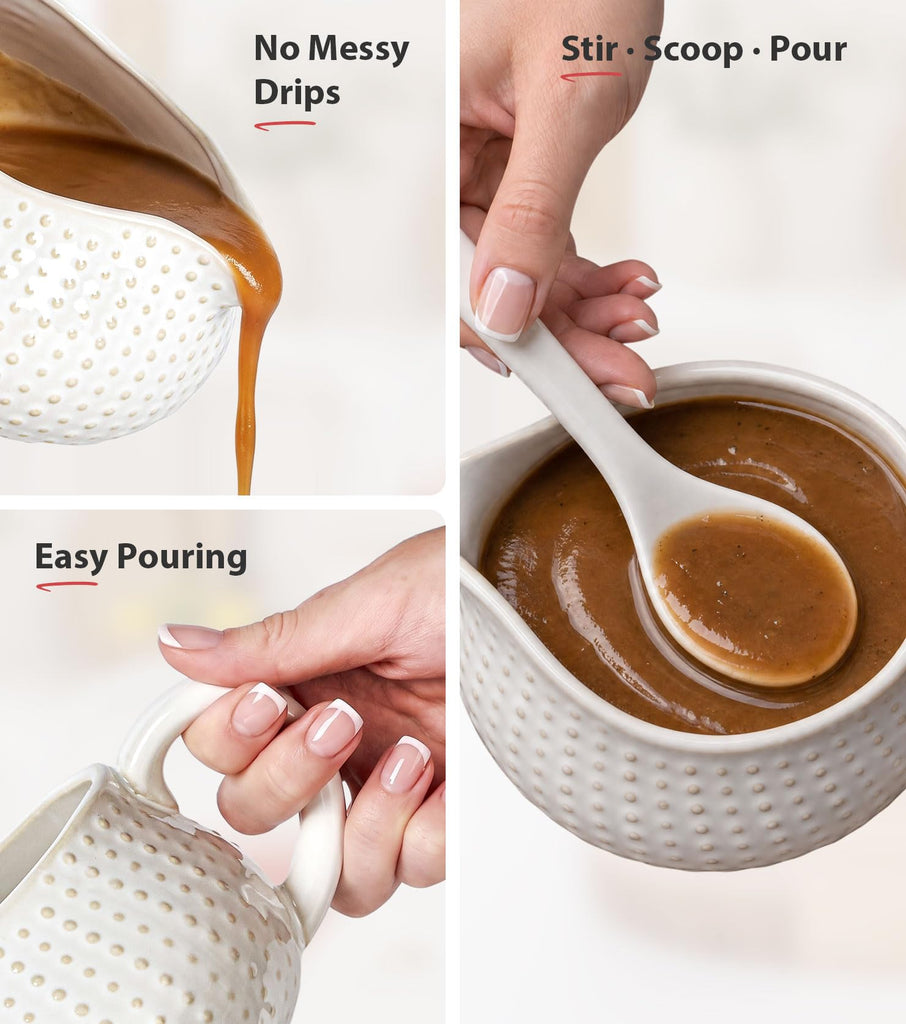 24oz Gravy Boat with Ladle and Saucer Stand, Large Ceramic Sauce Boat with Tray for Gravy, Salad Dressings, Creamer