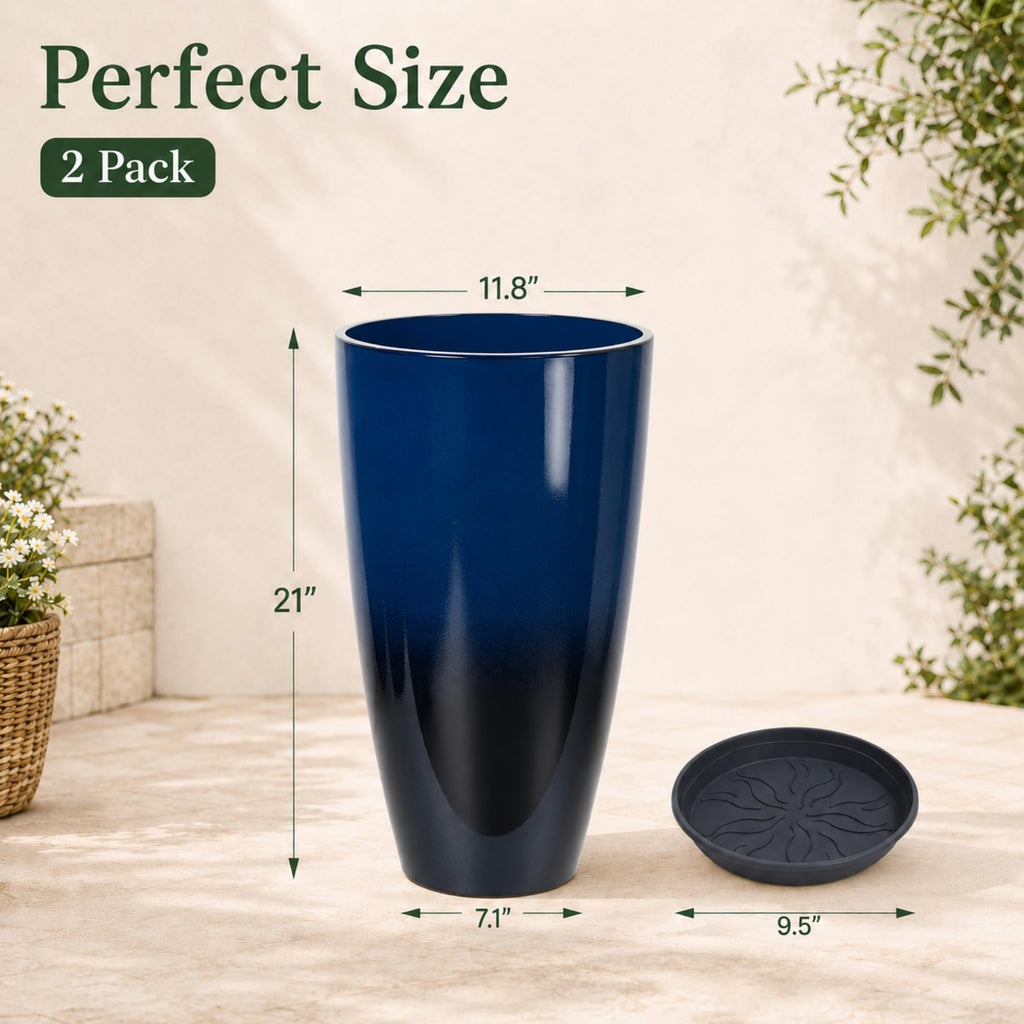 Set of 2 Tall Planter, 21 inch Large Plastic Planter, Dark Blue