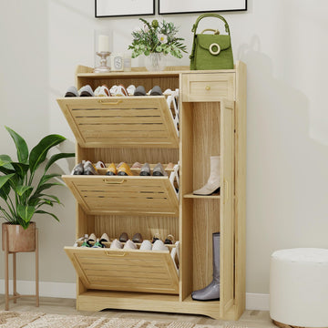 Shoe Cabinet Storage, Shoe Storage Cabinet with 3 Flip Drawers, Drawer & Adjustable Shelves, Slim Shoe Organizer