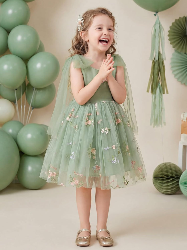 Flower Girl Dress Floral Embroidered Toddler Girls Dresses Fairy Tulle Dress for Wedding Birthday Party Photo Shoot
