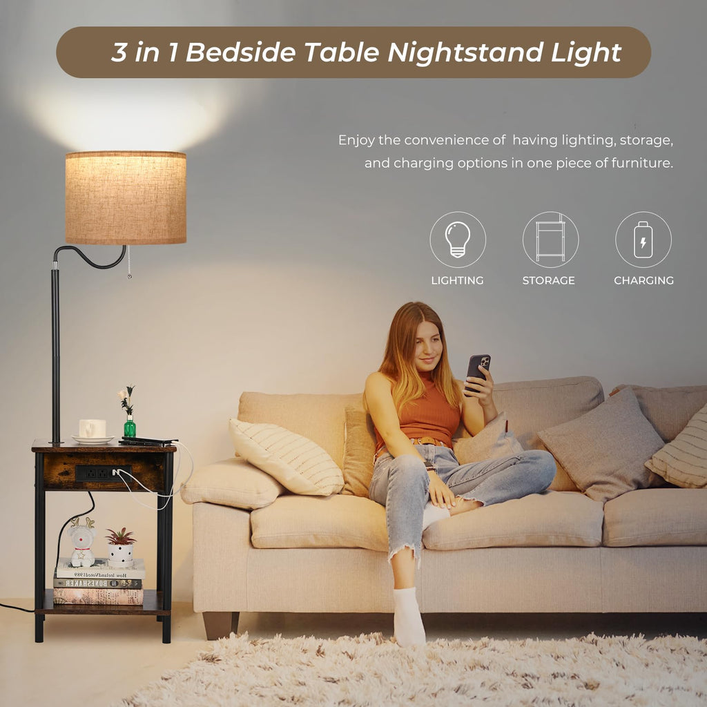 Floor Lamp with Table, End Table with Charging Station USB Ports & Outlets, 3 Color Temperature Reading Light Bedside