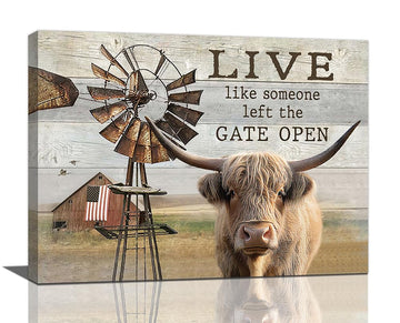Highland Cow Canvas Prints - Wall Decor Farmhouse Rustic Windmill Painting Modern Artwork Bathroom Living Room 20"x16"